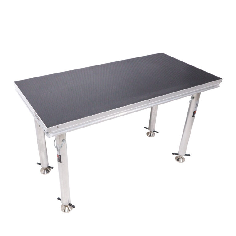 A sturdy, adjustable aluminum table with a black textured surface, ideal for various uses in Panama City, FL. Neves Media offers tailored solutions for local businesses.